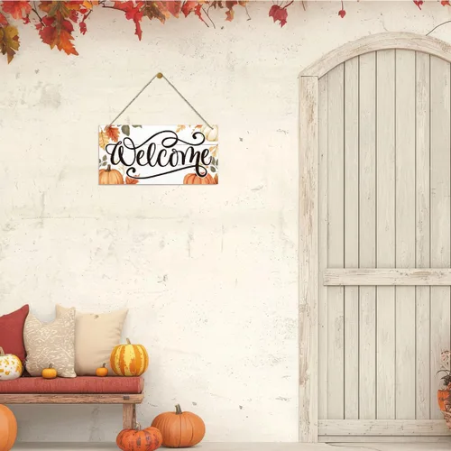 Vista 3 de Letrero de decoración de otoño, decoración de bienvenida de porche de otoño, letreros colgantes de madera, decoración de pared de casa de granja