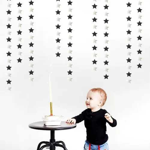 Vista 7 de Guirnalda de decoración de cumpleaños y graduación en negro y plata - 18.9 metros de serpentinas brillantes con purpurina y estrellas colgantes