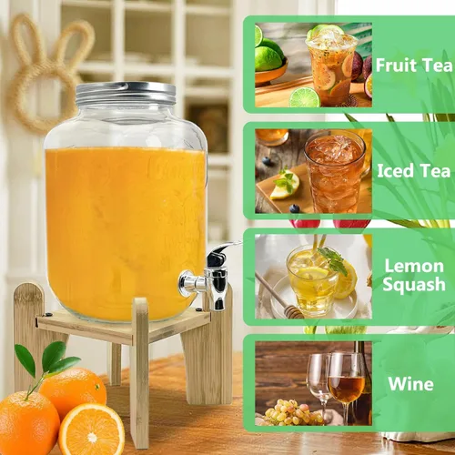 Vista 4 de Tfwadmx Dispensador de bebidas de 1 galón para fiestas, dispensador de bebidas con soporte de madera, dispensador de limonadas, jarra de té helado