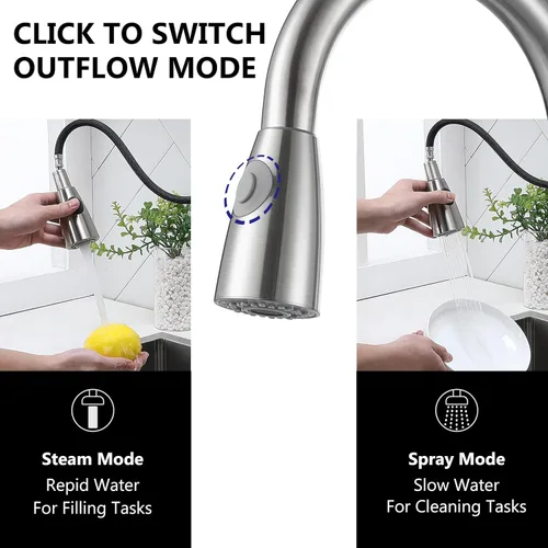 Vista 4 de Comllen Grifo de cocina con rociador extraíble, grifos de cocina de acero inoxidable de níquel cepillado, grifo comercial de arco alto de una sola