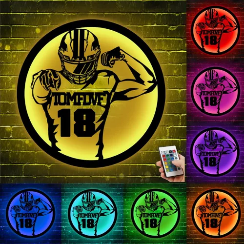 Vista 4 de Letrero de metal personalizado para jugador de fútbol con luz LED, nombre y número personalizado, arte de pared de fútbol, letrero de neón