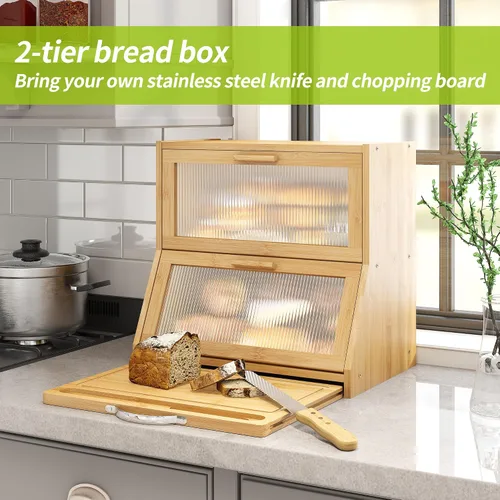 Vista 2 de BMOSU Panera grande de doble capa con tabla de cortar para encimera de cocina, panera con ventana de vidrio esmerilado de bambú (natural)
