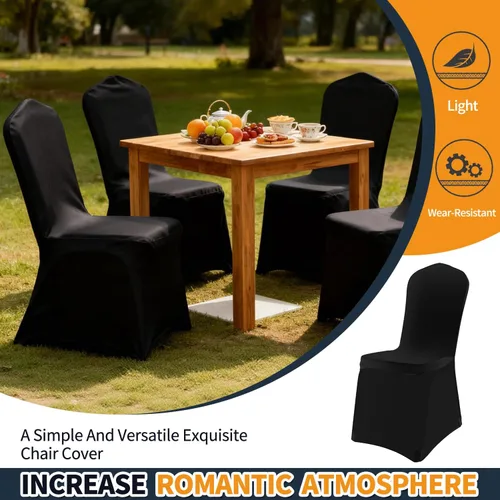 Vista 7 de Yahpetes 2 fundas para silla, de poliéster negro, fundas para sillas de banquete, parte delantera plana, elásticas, de elastano, para bodas