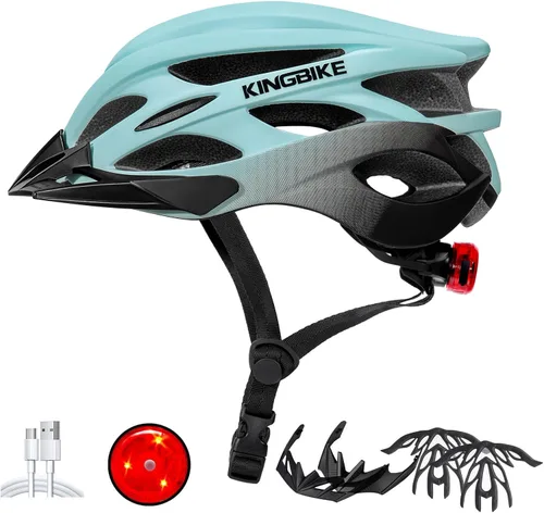 Vista 13 de KINGBIKE - Casco de bicicleta para adultos, hombres, mujeres y jóvenes, para ciclismo en carretera y montaña, con luz recargable por USB