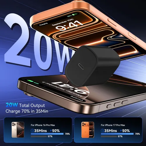 Vista 2 de Cargador para teléfono 17, 16, 15 Pro, carga rápida, 20 W, USB C, bloque de carga rápida con cargadores tipo C de 6.6 pies de largo, cable de carga