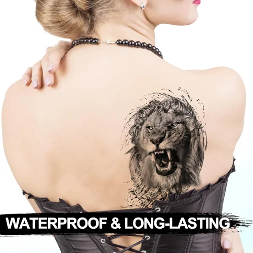 Vista 2 de Kotbs 6 hojas de tatuajes temporales de animales en 3D para mujeres y hombres, tatuajes realistas impermeables falsos con patrón de lobo y león