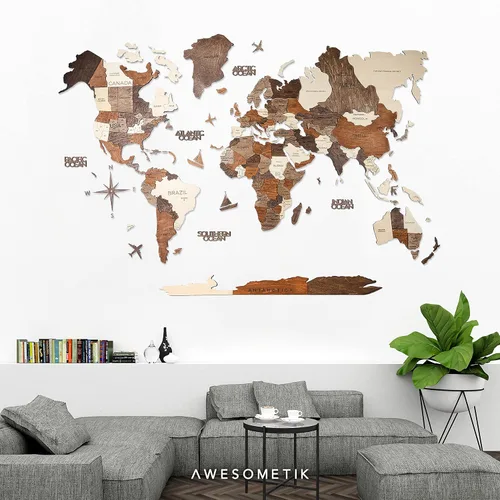 Vista 7 de AWESOMETIK Mapa del mundo de madera 3D multicolor 3D, mapa de madera del mundo, fácil instalación con cinta de doble cara, incluye complementos