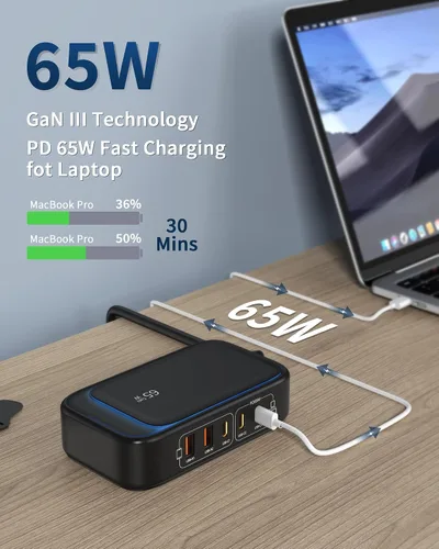 Vista 3 de Regleta de alimentación 7 en 1, regleta de alimentación PD USB C de 85W con 3 USB-C, 2 puertos USB-A y toma de corriente AC de 2500W, enchufe plano