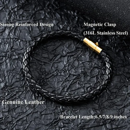 Vista 4 de KXJ Pulseras de cuero trenzado unisex de 0.197 in para hombres y mujeres, pulsera de cuerda de cuero genuino, marrón, azul, negro, cierre magnético
