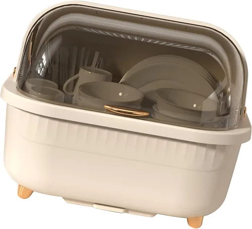 Vista 9 de TOPINCN Escurridor de platos con cubierta de tapa, caja de secado de platos de plástico, escurridor de platos multifuncional que ahorra espacio