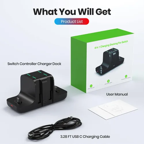 Vista 7 de NEWDERY Base de carga para controlador Nintendo Switch Pro y Joy con, estación de carga rápida 6 en 1 para Switch y modelo OLED y Lite con indicador