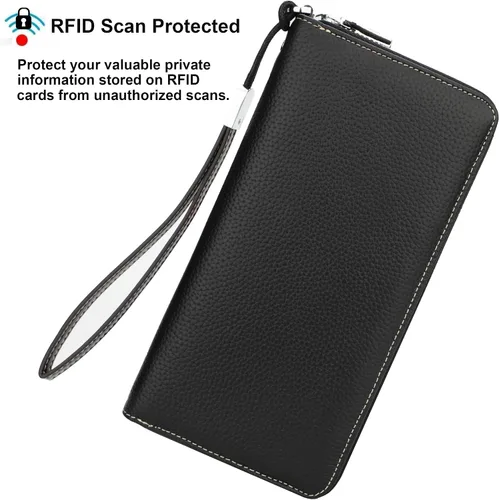 Vista 2 de Lavemi Pequeña cartera compacta para mujer, con bloqueo RFID, de piel auténtica, plegable, con ventanas de identificación