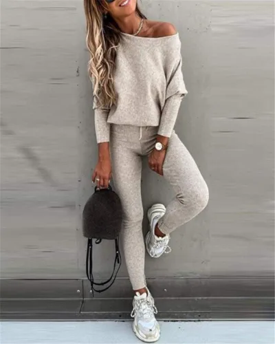 Vista 3 de WanXiao Conjunto casual de 2 piezas para mujer de manga larga con leggings Active Tracksuit Solid Lounge Wear