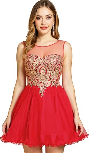 Vista 3 de MisShow Vestidos de tul para adolescentes, apliques de encaje dorado, vestido corto de graduación, sin mangas, vestidos de fiesta de cóctel