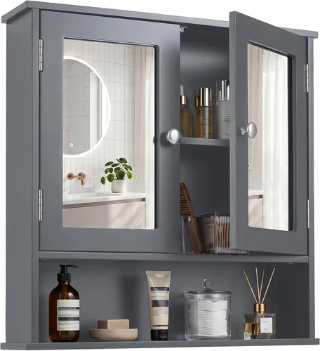 Vista 10 de GLACER - Armario de pared de baño moderno con espejo y estante ajustable Negro