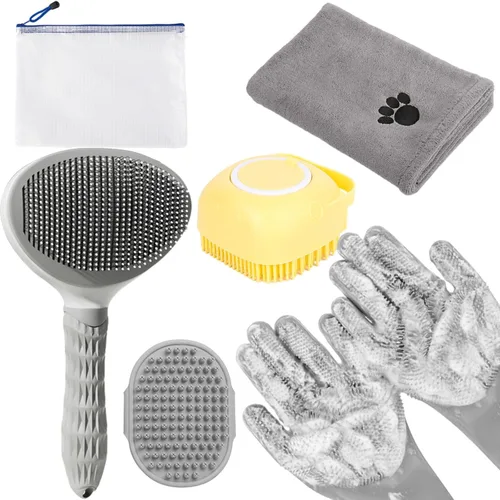 Vista 14 de Kit de Aseo para Baño con Cepillo de Pelo, Toalla y Guantes de Limpieza - Cepillo Slicker 6-en-1 para Perros y Gatos que Sueltan Pelo, Azul