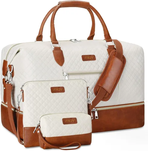 Vista 27 de Bolsa de fin de semana para mujer, bolsa de viaje de nailon, con compartimento para zapatos, tamaño grande 1-beige