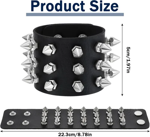 Vista 2 de 2 pulseras con tachuelas góticas, punk rock, rock, pulseras exageradas de cuero negro remache pulsera ajustable de correa ancha con botón de metal