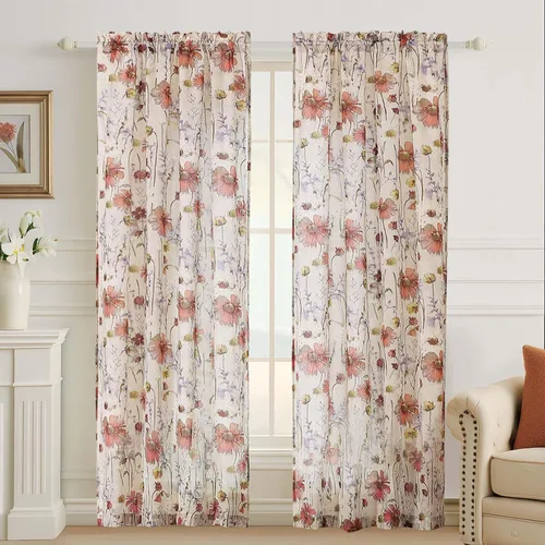 Vista 13 de Cortinas Transparentes Arrugadas de 96 Pulgadas de Largo 2 Paneles, Cortinas Florales Transparentes con Diseño Impreso para Sala de Estar