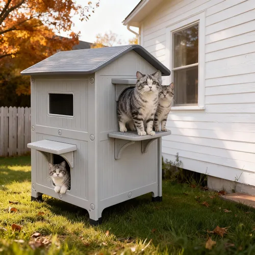 Vista 11 de Casa aislada para gatos al aire libre resistente a la intemperie para gatos múltiples felinos, refugio elevado de plástico de 2 pisos con puerta