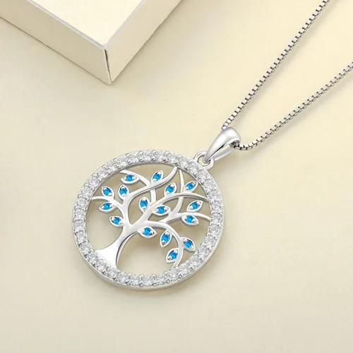 Vista 5 de YL Collar de árbol de plata de ley 925 con dije de esmeraldazafirogranateamatistacirconita, redondo, halo de vida familiar de joyería, Metal