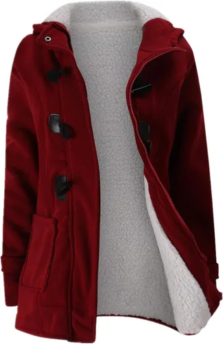 Vista 9 de JiangWu - Chaqueta cálida de invierno con capucha y forro de vellón, botones tipo cuerno, para mujer Negro