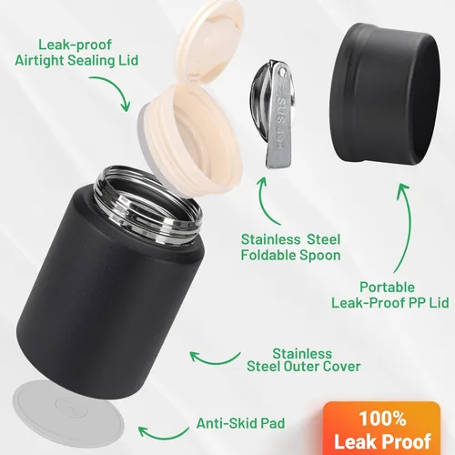 Vista 5 de Charcy Termo de 17oz para alimentos calientes, sopa termo contenedor de alimentos para lonchera con cuchara plegable ZB - Negro