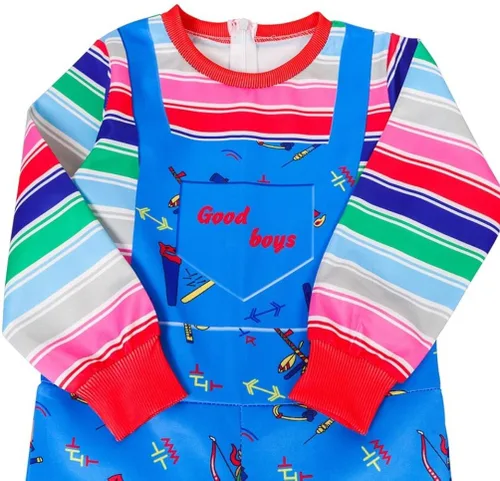 Vista 3 de Disfraz de Chucky Cosplay para niños y niñas, traje de tirantes con arcoíris
