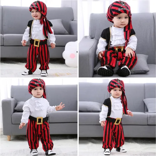 Vista 5 de AGQT Halloween Pirate Costume Dress Up for Boys Pirate Costume Toddler Cosplay Pirate Deluxe Outfit Accessories Set for Kids