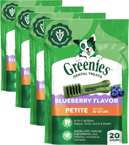 Vista 18 de Greenies Golosinas dentales naturales para perros adultos recomendadas por veterinarios, tamaño pequeño, sabor arándano, paquete de 12 onzas, 20