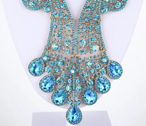 Vista 8 de Janefashions Peacock Feather Teal Austrian Rhinestone Crystal Statement Collar Pendientes Set Gargantilla Show Beauty Queen N820t, Cristal