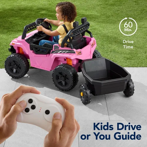 Vista 3 de Best Choice Products Carro Eléctrico Montable UTV de 12V para Niños con Remolque con Control Parental, Luces LED, 2 Velocidades, Bluetooth - Rosa