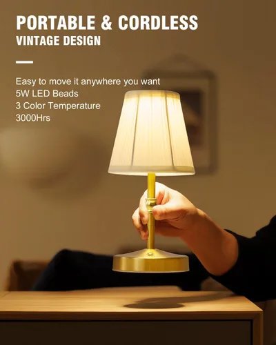Vista 2 de Lámpara Mini Inalámbrica de 5W en Oro, Lámpara Pequeña Operada con Batería de 3000 mAh, Lámparas de Mesa Pequeñas Vintage, Lámparas Recargables