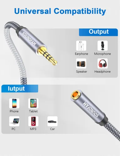 Vista 3 de Cable de extensión de auriculares de 3 pies/3.3 ft, TRRS de 0.138 in, cable de audio macho a hembra, cable de extensión AUX de nailon trenzado