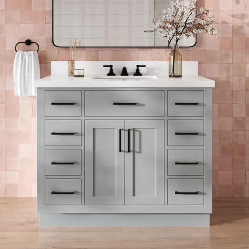 Vista 24 de DKB Isabella - Mueble de baño negro de 42 pulgadas con fregadero, lavabo rectangular, encimera de cuarzo blanco puro y protector contra salpicaduras