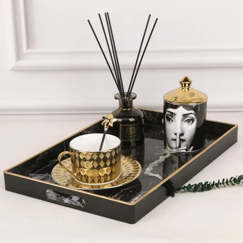 Vista 3 de Bandeja decorativa, bandeja de plástico de mármol con asas, bandeja rectangular de tocador y bandeja de servir para baño, cocina, otomana y mesa