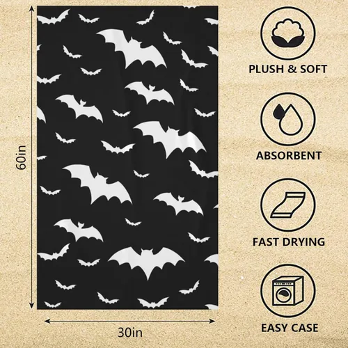 Vista 3 de Toalla de playa de Halloween con diseño de murciélagos, de microfibra, de secado rápido, súper absorbente, toallas de baño negras de gran