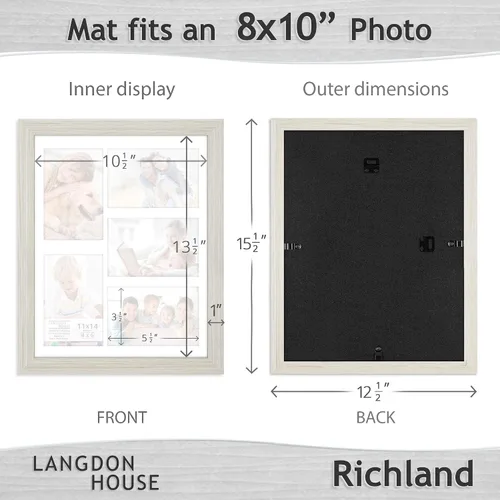 Vista 3 de Marco de fotos collage Langdon House de 11x14 blanco almendra con paspartú para 5 fotos de 4x6, estilo veta de madera, solo montaje en pared