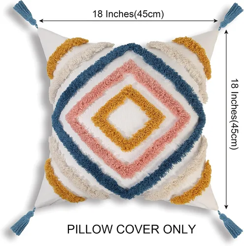 Vista 4 de JASEN Fundas de almohada bohemias, fundas de almohada decorativas tejidas con borlas y patrón de diamantes para sofá, dormitorio, sala de estar, sin