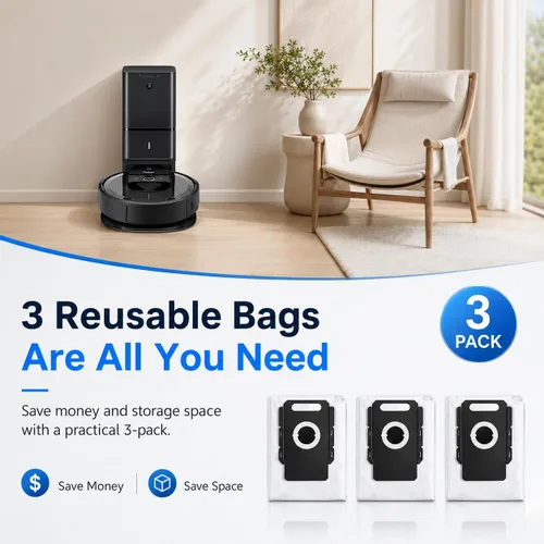 Vista 6 de Bolsas de vacío reutilizables para todos los iRobot Roomba I & S & J Series Clean Base, paquete de 3, cremallera
