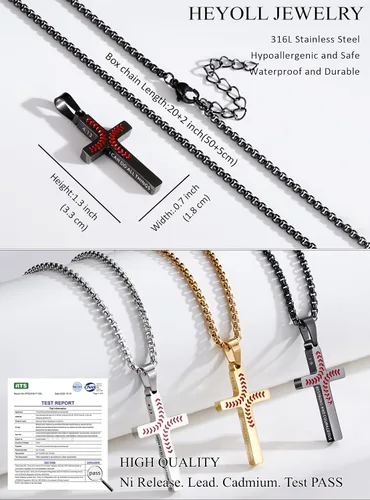 Vista 5 de Regalos de Pascua para niños y adolescentes, collares de cruz de béisbol para niños y hombres, de acero inoxidable que no destiñe, collar