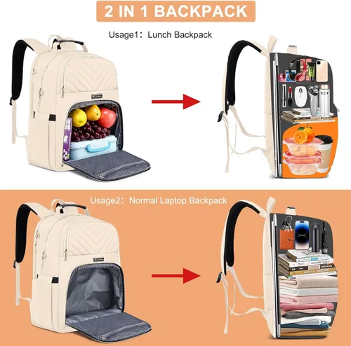 Vista 2 de Mochila de almuerzo para mujer, resistente al agua, bolsa de almuerzo aislada, mochilas para laptop de 15.6 pulgadas con puerto USB, mochila