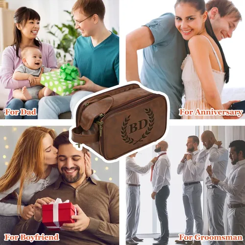 Vista 7 de Bolsa de aseo personalizada para hombre, kit dopp de gran capacidad con iniciales de nombre personalizado de cuero PU, regalo para padrinos, bolsa
