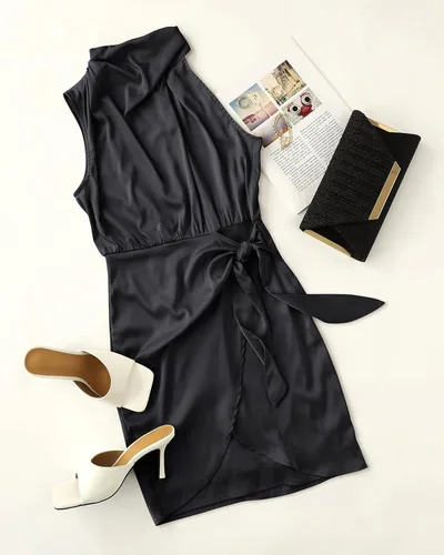 Vista 7 de ZESICA Women's 2023 Fashion Satin Sleeveless Halter Neck Tie Waist Wrap Bodycon Cocktail Party Mini Dress