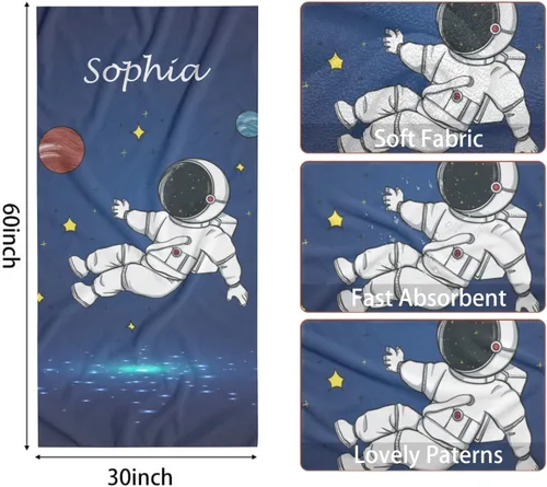 Vista 7 de Toalla de playa de astronauta de luz azul personalizada con nombre, toallas de baño a prueba de arena para natación y deporte, 30 x 60 pulgadas