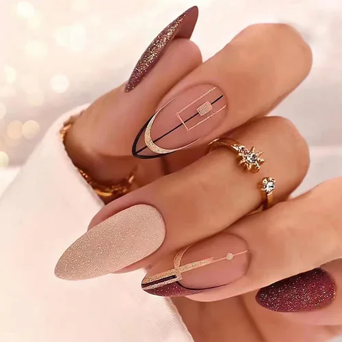 Vista 16 de Uñas postizas cortas francesas en forma de almendra con diseño de línea dorada y estampado de leopardo, uñas artificiales acrílicas de cobertura