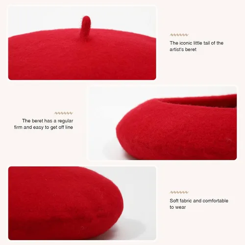Vista 111 de Boina de lana francesa para mujer, gorra de invierno clásica de color sólido
