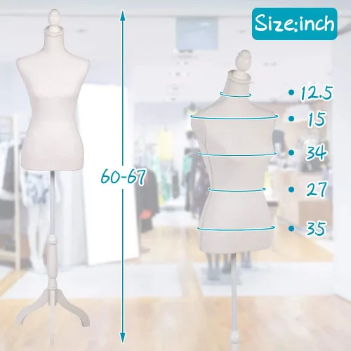 Vista 6 de Dkeli Maniquí de torso con base de trípode de madera, apto para clavar alfileres, para vestido de mujer, con altura ajustable de 60 a 67 pulgadas