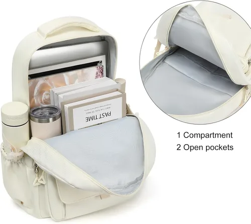 Vista 5 de Phaoullzon Mochila escolar para niñas adolescentes para niños, mochila estética universitaria para laptop para mujeres, Beige, Grande