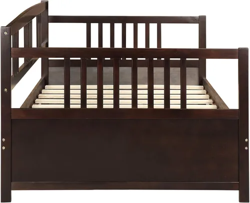 Vista 4 de Flieks Sofá cama de madera de tamaño individual, sofá cama multifuncional de madera maciza con soporte de 10 listones de madera (espresso)